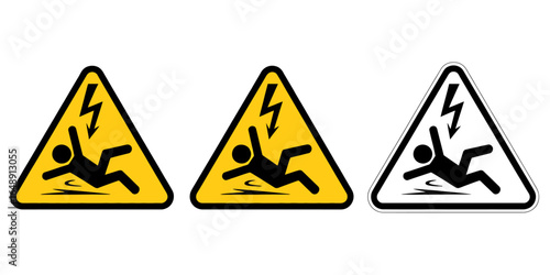 Electrical hazard warning signs with lightning symbols in yellow black triangle icons set vector