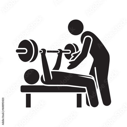 Personal trainer assisting man with bench press weightlifting. Gym workout with spotter, stick figure pictogram.
