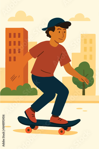 Teenager skateboarding down the street Illustration