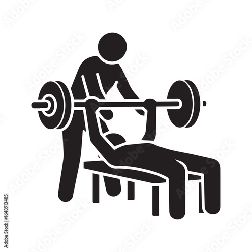 Personal trainer assisting man with bench press weightlifting. Gym workout with spotter, stick figure pictogram.
