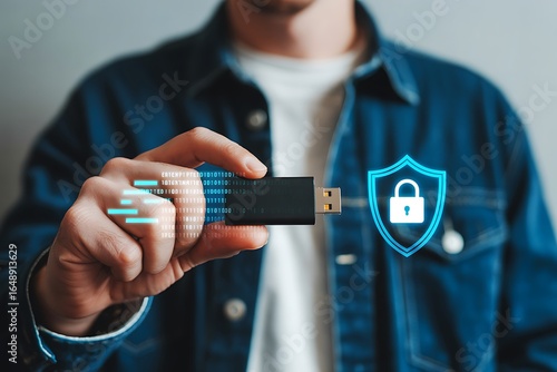 Person holding USB drive with digital security shield and data transfer icons