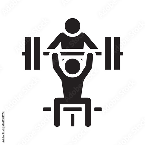 Personal trainer spotting man doing barbell shoulder press. Gym workout assistance pictogram.