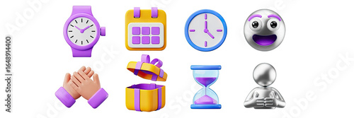 Celebrate success, manage time, and express joy with these vibrant 3D icons and emojis for modern projects.