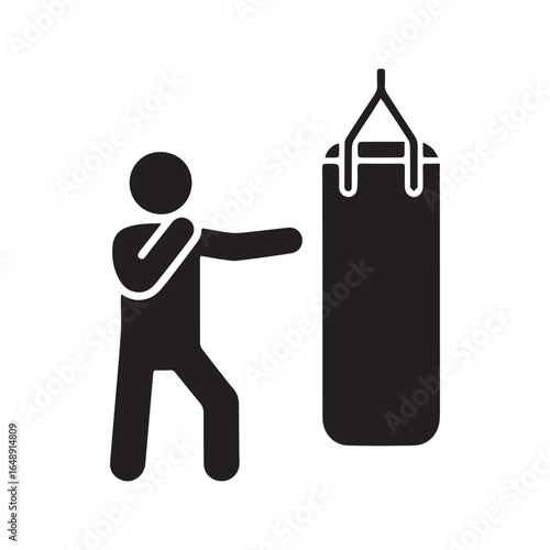 Boxer training with a punching bag, combat sports workout silhouette icon.