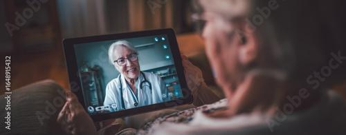 Senior woman consulting with a female doctor via video call on a digital tablet, illustrating remote healthcare, telemedicine, and elderly care technology in modern home settings.