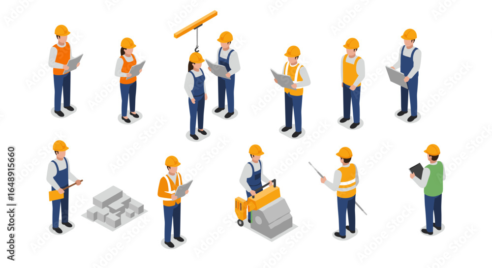 Construction workers in diverse isometric roles wearing safety gear Construction workers in diverse isometric roles wearing safety gear