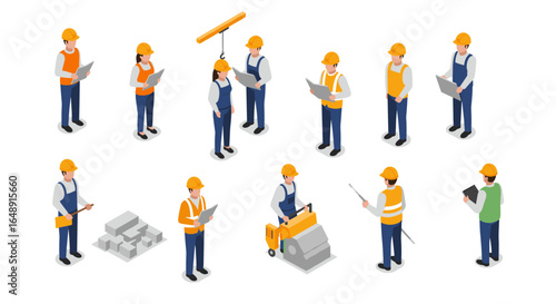 Construction workers in diverse isometric roles wearing safety gear