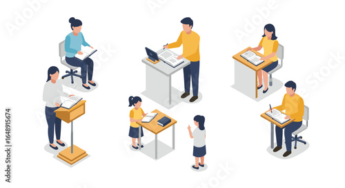 Isometric office and school scene with people working and studying
