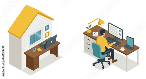 Isometric home office setup with remote work and freelancing concept