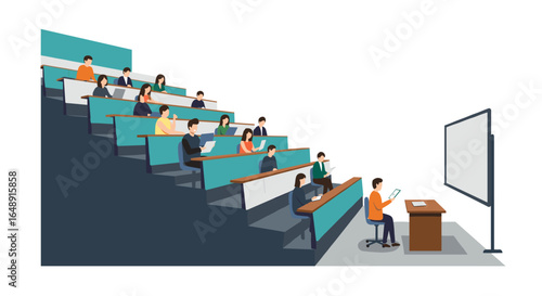 Lecture hall with diverse students and teacher in flat design