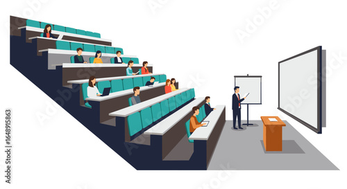 Isometric lecture hall with students and presenter in modern classroom setting