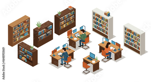 Isometric office library workspace with bookshelves and people working at desks