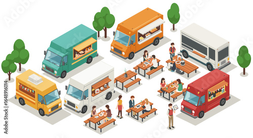 Isometric food truck park scene with diverse people and trees
