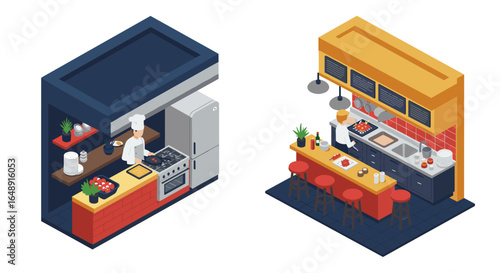 Isometric kitchen designs with chefs cooking: modern restaurant interior concepts