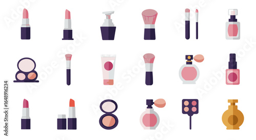 Cosmetic beauty products: lipsticks, brushes, perfumes, creams, and makeup kits in flat design