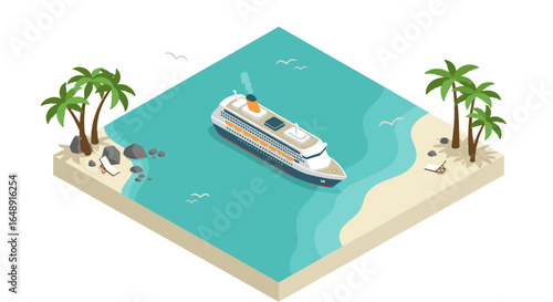 Isometric tropical beach scene with cruise ship and palm trees