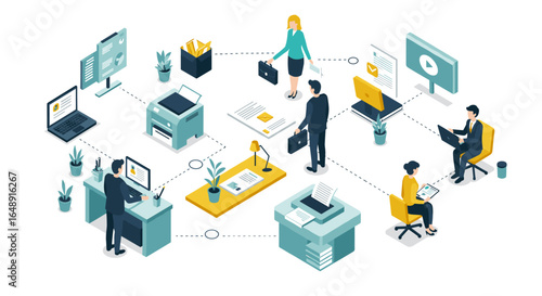 Remote work concept with isometric office scenes and digital collaboration