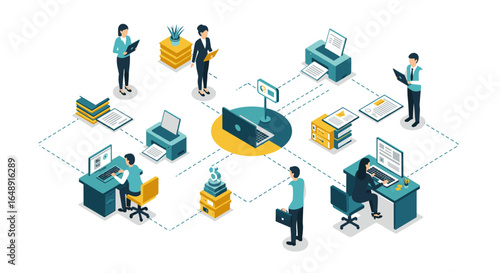 Isometric office network concept with diverse workstations and professionals