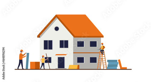 Team of builders working on residential construction project