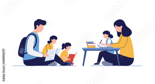 Family study time with kids and parents reading and writing in modern flat design