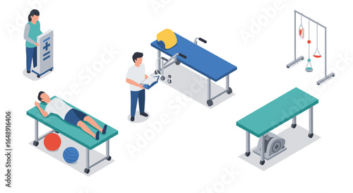 Isometric physical therapy room with equipment and patients in rehabilitation exercises