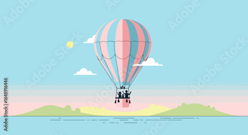 Balloon Ride Over Water With Gentle Pastels On Bright Sunny Day Concept
