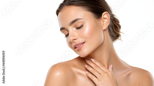 Close-up portrait of a woman with flawless skin, showcasing a healthy and beautiful complexion.