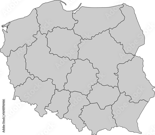 A sleek, grey political map of Poland with clearly defined province borders. Perfect for professional, educational, and data visualization projects.