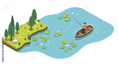 Isometric fishing scene with boat on lake and lush greenery