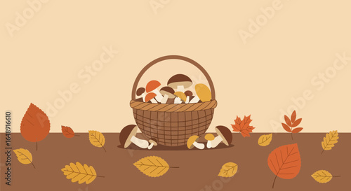 Basket Full Of Fresh Forest Mushrooms And Autumn Leaves Flat Illustration