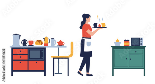 Woman serving coffee in modern kitchen setting with appliances and furniture