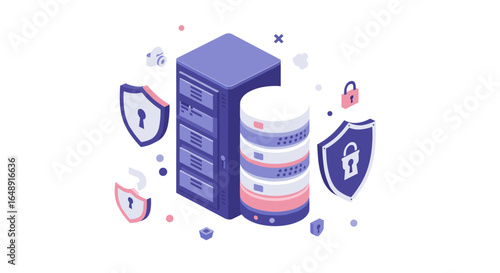 Secure data storage with isometric servers and protection icons