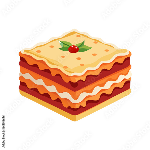 a layered lasagna slice with multiple wavy pasta layers, no background vector file.