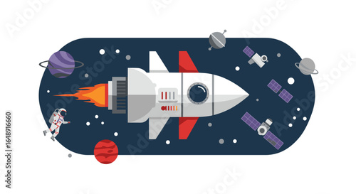 Space adventure rocket with astronaut and satellites in flat design