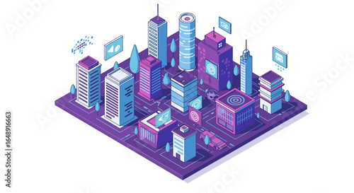 Futuristic smart city in isometric view with high-tech buildings and urban elements