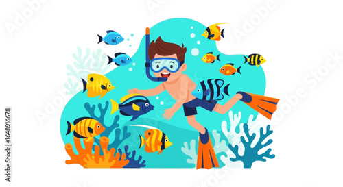 Boy Snorkeling With Colorful Fish In Tropical Sea Adventure Illustration