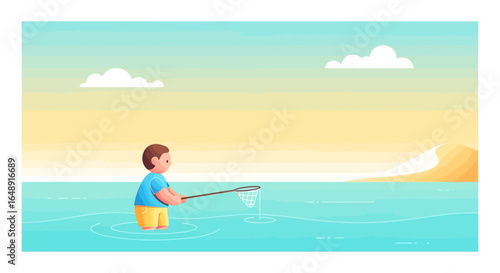 Boy Stands In The Sea With Net Illustration Vector Graphic Design