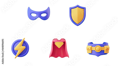 Unleash your inner superhero with vibrant 3D icons of masks, capes, and lightning bolts for dynamic designs.
