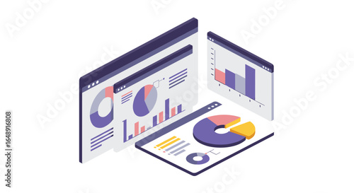 Isometric data analysis dashboard with charts and graphs