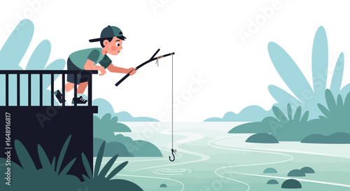 Boy Tries To Catch Fish With A Homemade Rod Over A River Illustration