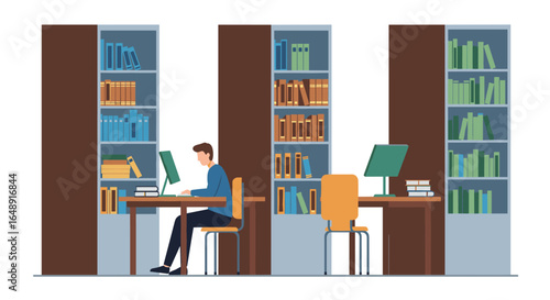 Man working on computer in modern library with bookshelves and desk