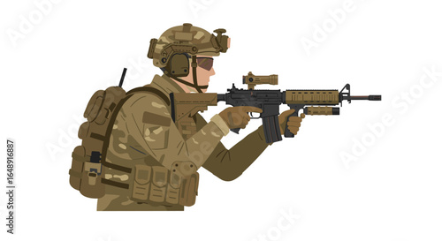 Modern military soldier in combat gear holding assault rifle