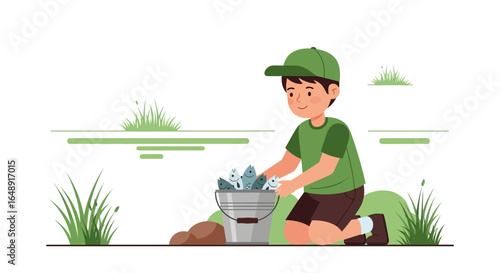 Boy With A Bucket Full Of Fish After Successful Fishing Session On Weekend