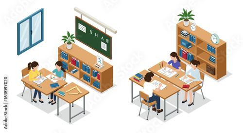 Isometric classroom scene with students studying at desks surrounded by books and supplies
