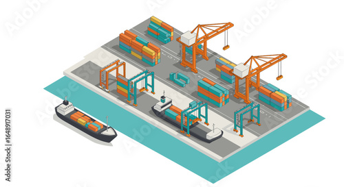 Isometric shipping port with cargo ships and cranes in vibrant colors