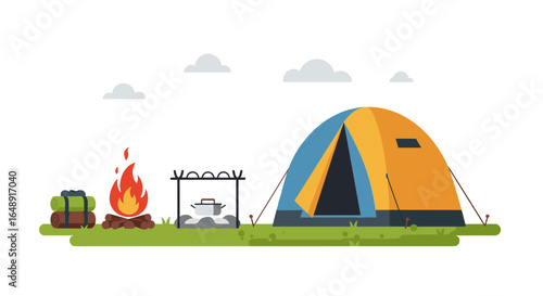 Colorful camping scene with tent, campfire, and gear under cloudy sky