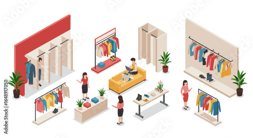 Isometric clothing store with fitting rooms and display racks in modern retail design
