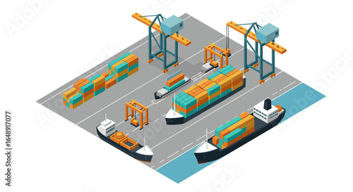 Isometric cargo port with cranes and cargo ships loading at a shipping dock