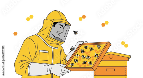 Beekeeper Inspecting Honeycomb Frame For Honey Production In Apiary