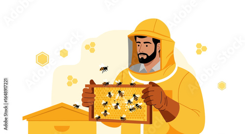 Beekeeper Inspecting Honeycomb Frame In Protective Suit During Honey Production